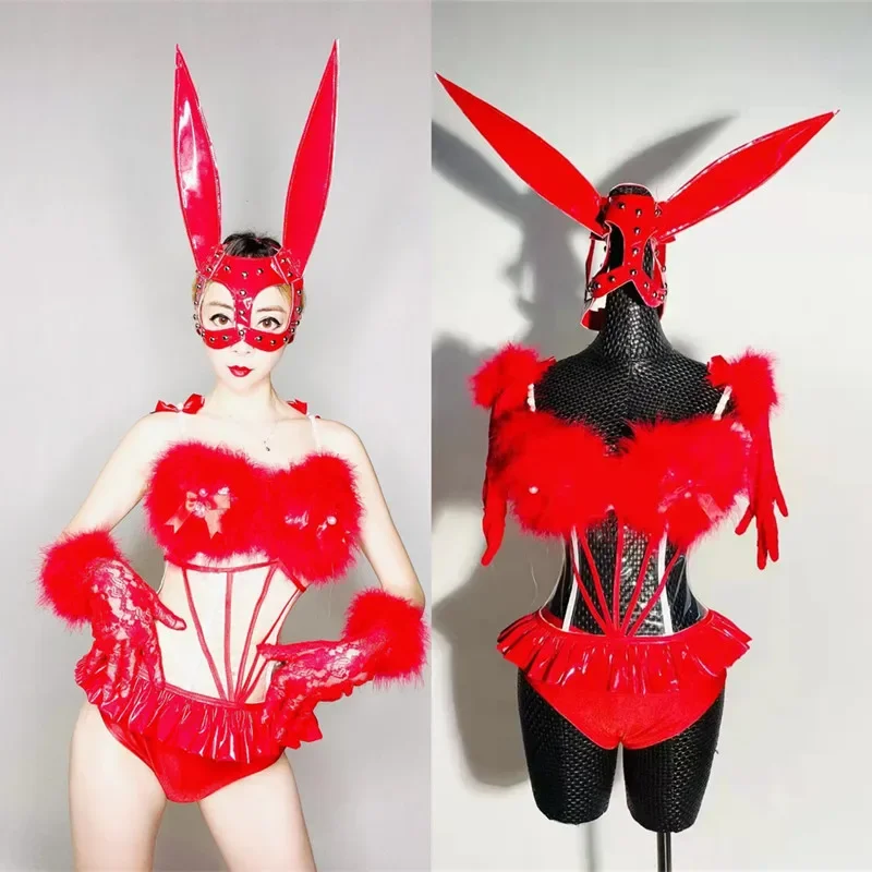 축제 파티 나이트 클럽 바 DJ 댄스 의상 댄서 팀 섹시한 무대 착용 붉은 깃털 PU 가죽 비키니 바디 슈트 장갑 헤드 기어