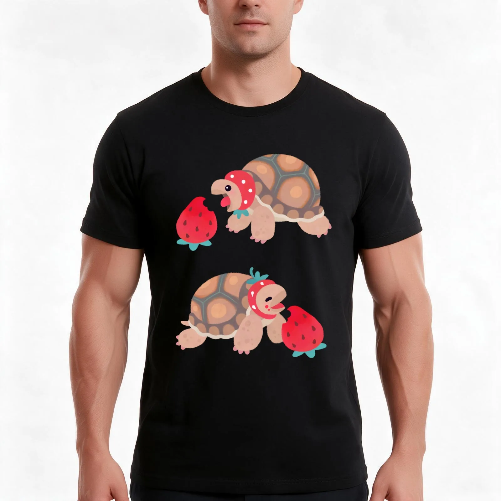 Tortoises love strawberries T-Shirt, Summer Casual Cotton Tee, Oversized Streetwear Tops, Vintage Graphic Print, 100% Cotton