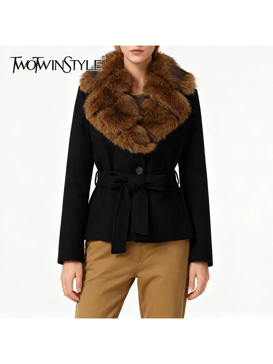 TWOTWINSTYLE موضة التخسيس تقسم الفراء طوق جاكيتات للنساء التلبيب كم طويل المرقعة الدانتيل يصل مزاجه سترة الإناث #1