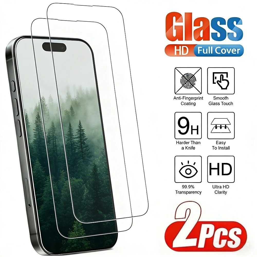 

2 шт. Защитное стекло Ultra HD Full Screen для iPhone 17, 16, 15, 14 Pro Max, 16e, 17e, 15, 14 Plus, 13, 12, 11 Pro, твердость 9H, закаленное стекло