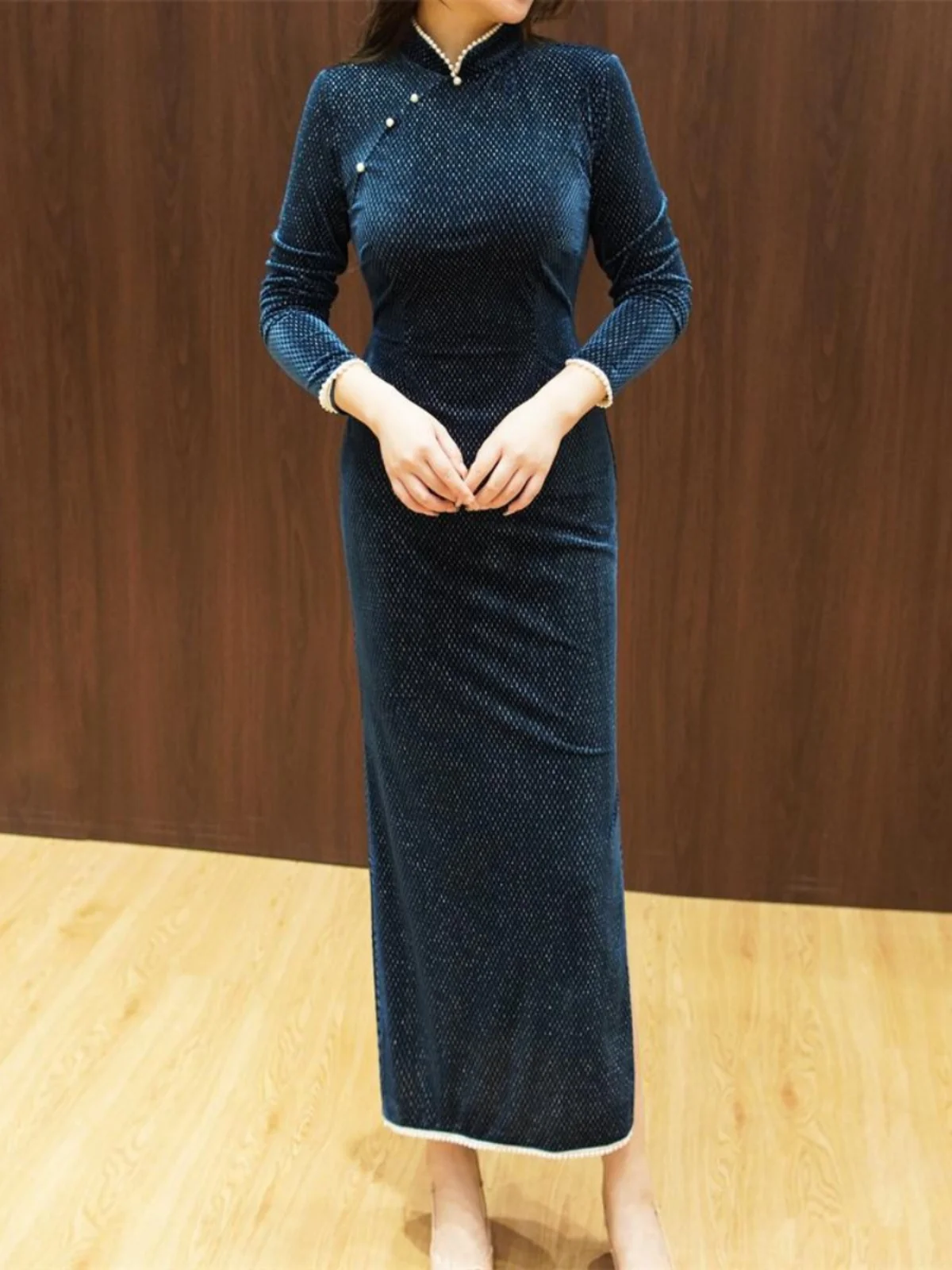 Ele Long Velvet Qipao Dr Pearl Collar Side Slit Slimming Split High Waist Chinese Sle Evening Gown for Women