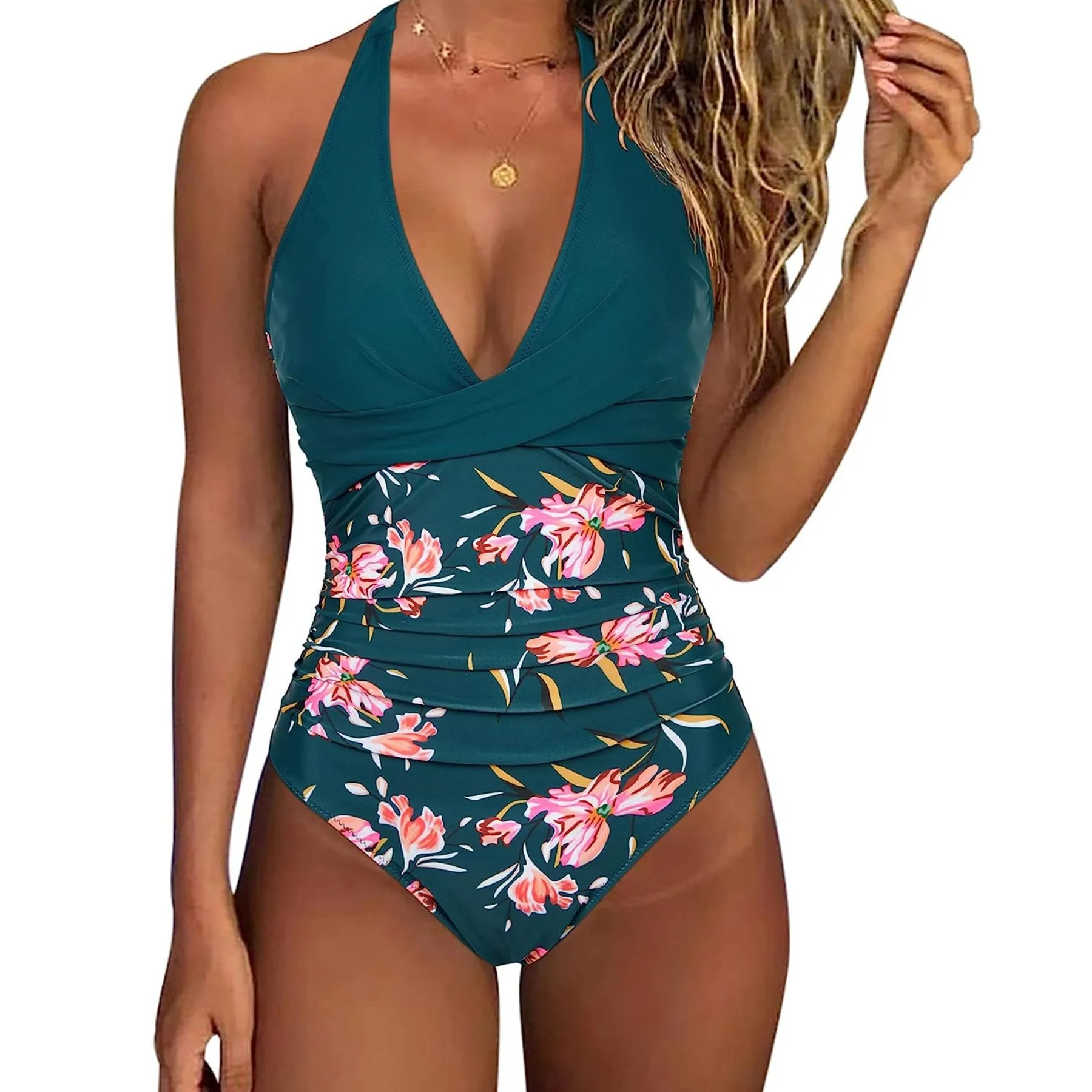 Women One Piece Swimsuit Halter Deep V Neck Wrap Front Tropical Leaf Print Ruched Tummy Control Bathing Suit