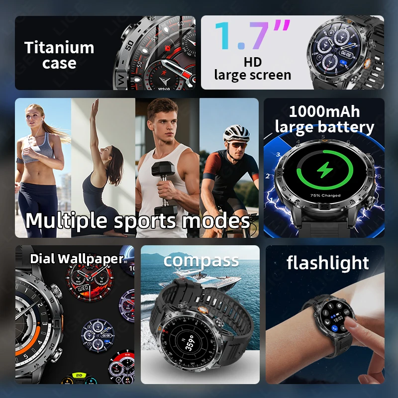 LIGE Military Sturdy Men Smart Watch LED Flashlight 1000mAh Battery Standby Outdoor Compass Sports Health Monitor Men Smartwatch