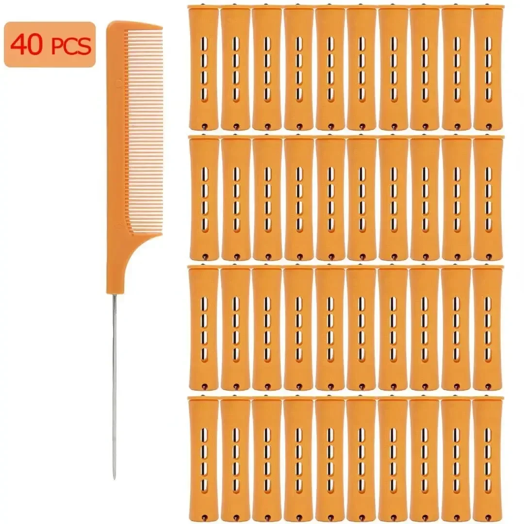 40pcs Cold Wave Perm Rods Set For Women\'s Long & Short Natural Hair - Plastic Orange Rollers For Curling And DIY Hairdressing