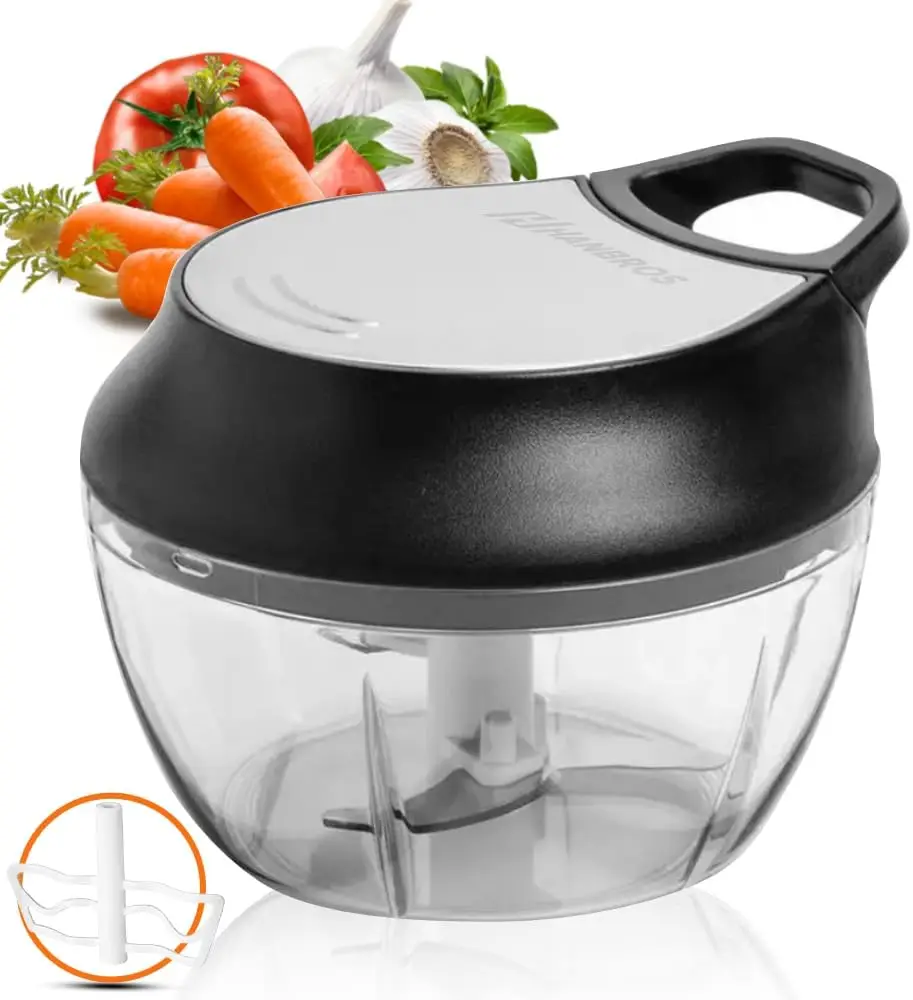 

Manual Food Processor Vegetable Chopper, Hand Pull String Garlic Mincer Onion Cutter, 2 Cup with Egg Batter and Garlic Peeler