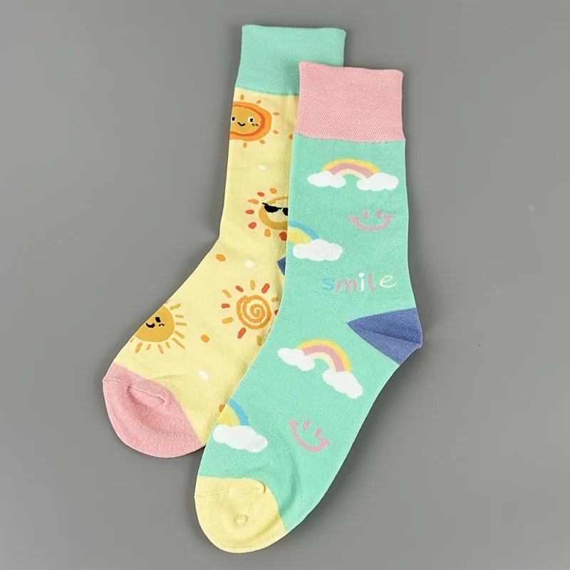 1 pair cute and fresh floral color-blocking versatile socks Asymmetrical AB rainbow sunflower women's socks