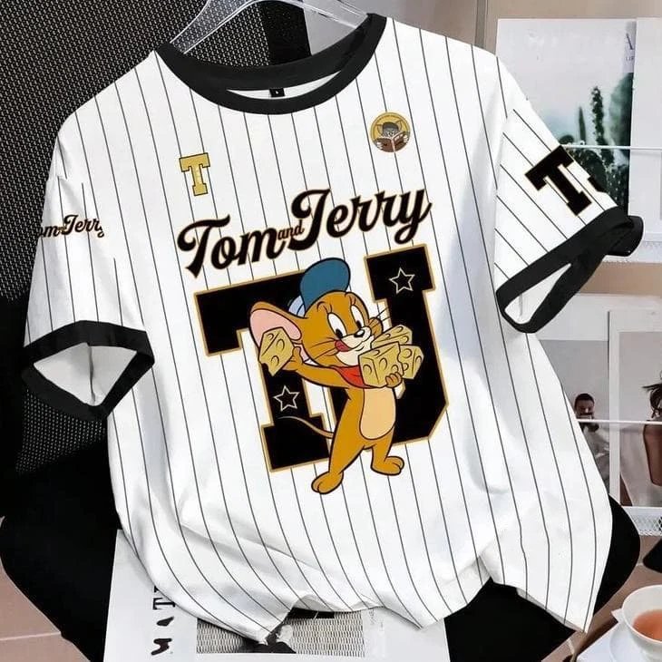 Tom And Jerry Kids Striped Tee Baseball Inspired Jerry Cheese Graphic Print Loose Fit Short Sleeve Casual Couple Fashion Top