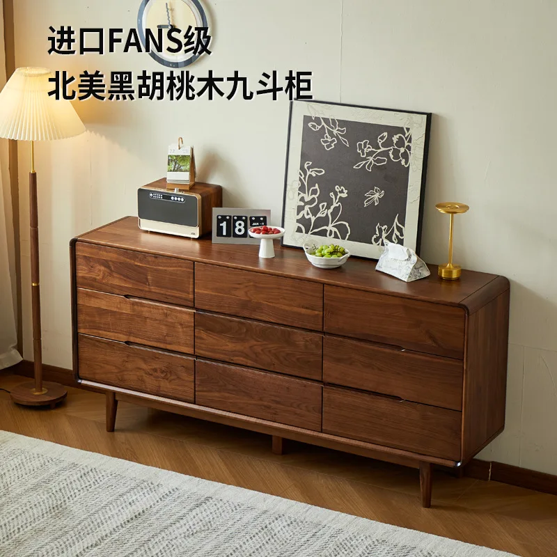 

Black walnut solid wood nine chest of drawers, bedroom living room storage, drawer type, wall storage chest of drawers