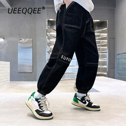 Spring Autumn Children Jeans 4-8Y Boys Cotton Letter Splice Stretch Denim Pants Loose Korean Trousers Kids Wear Clothes 2024 New