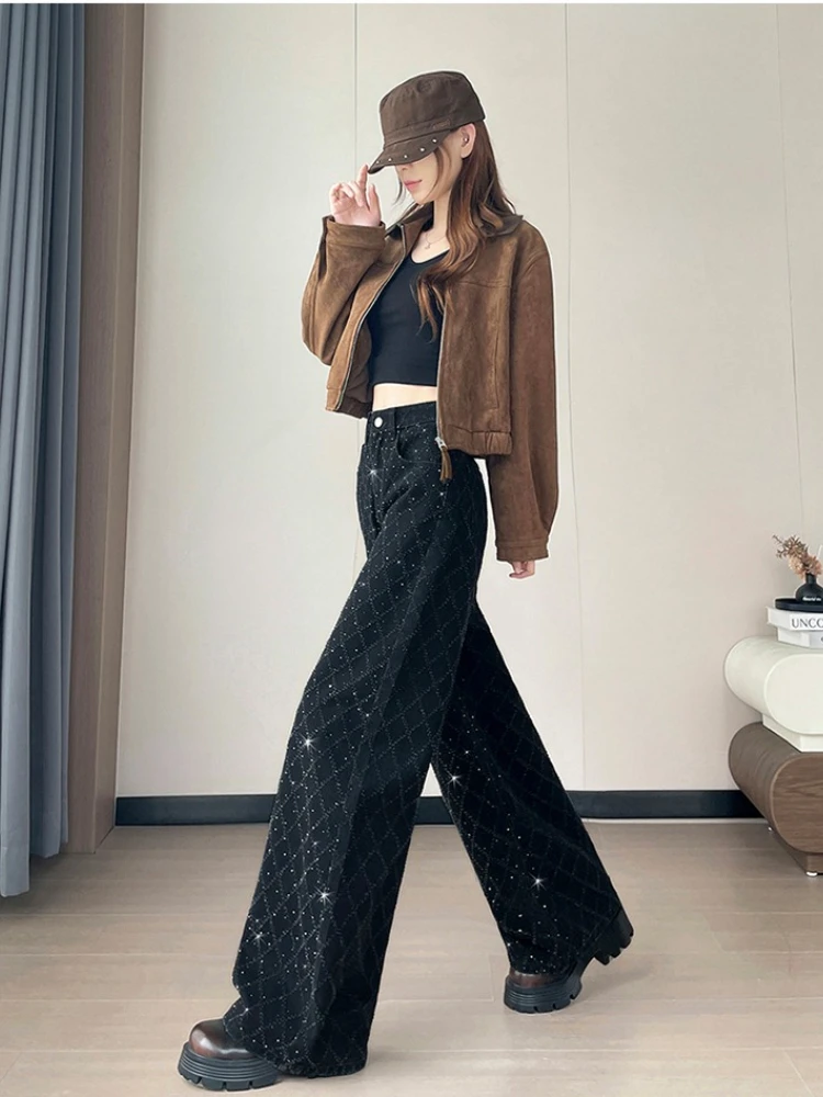 Starry Sky Sparkling Diamond Weaving Mesh Wide Leg Jeans Women in Autumn and Winter 2025 Thick Versatile Fashion Pants