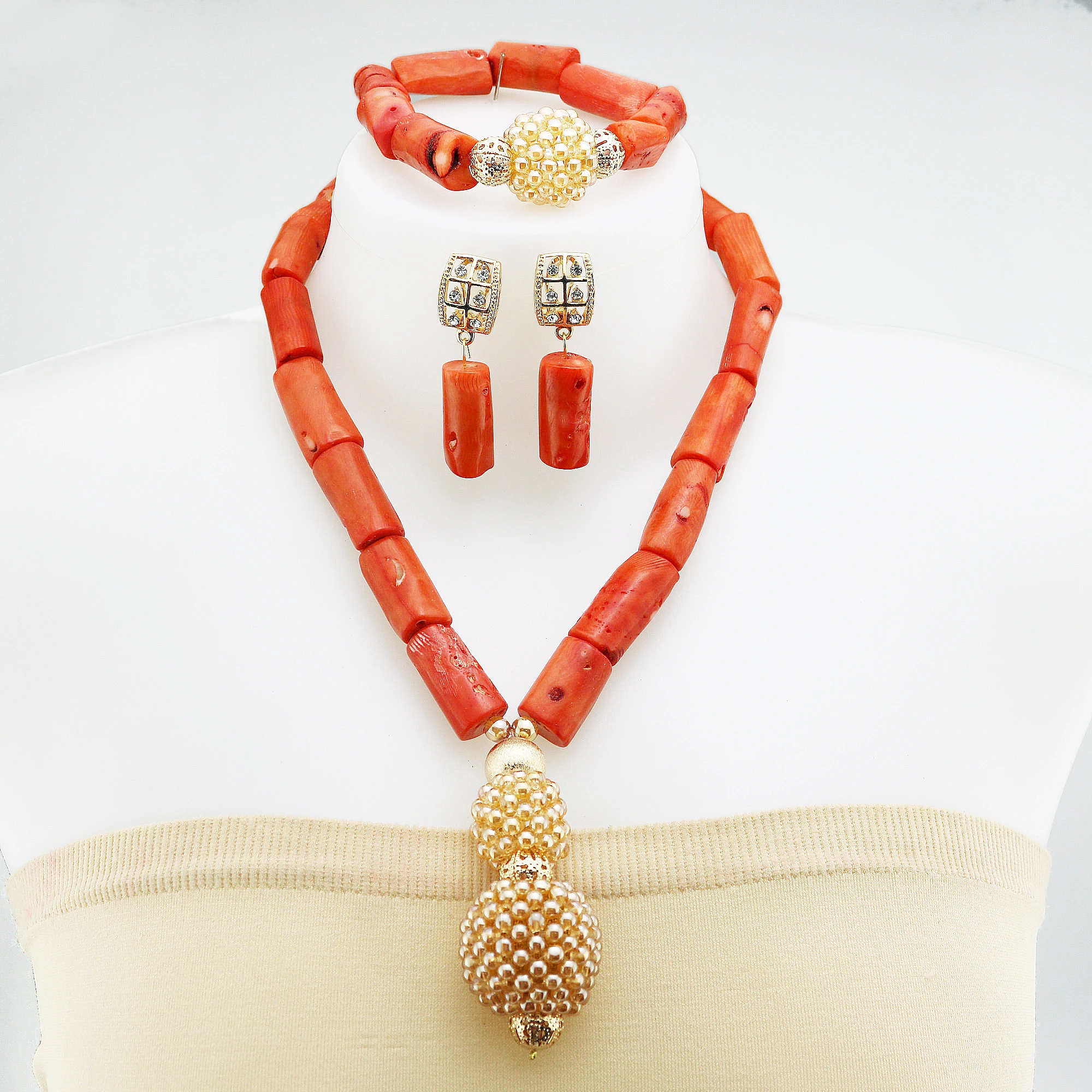 Nigeria Wedding Jewelry Set Imitation Coral Beads Golden Pendant Necklace for Women Resin Material African Bride Accessorise