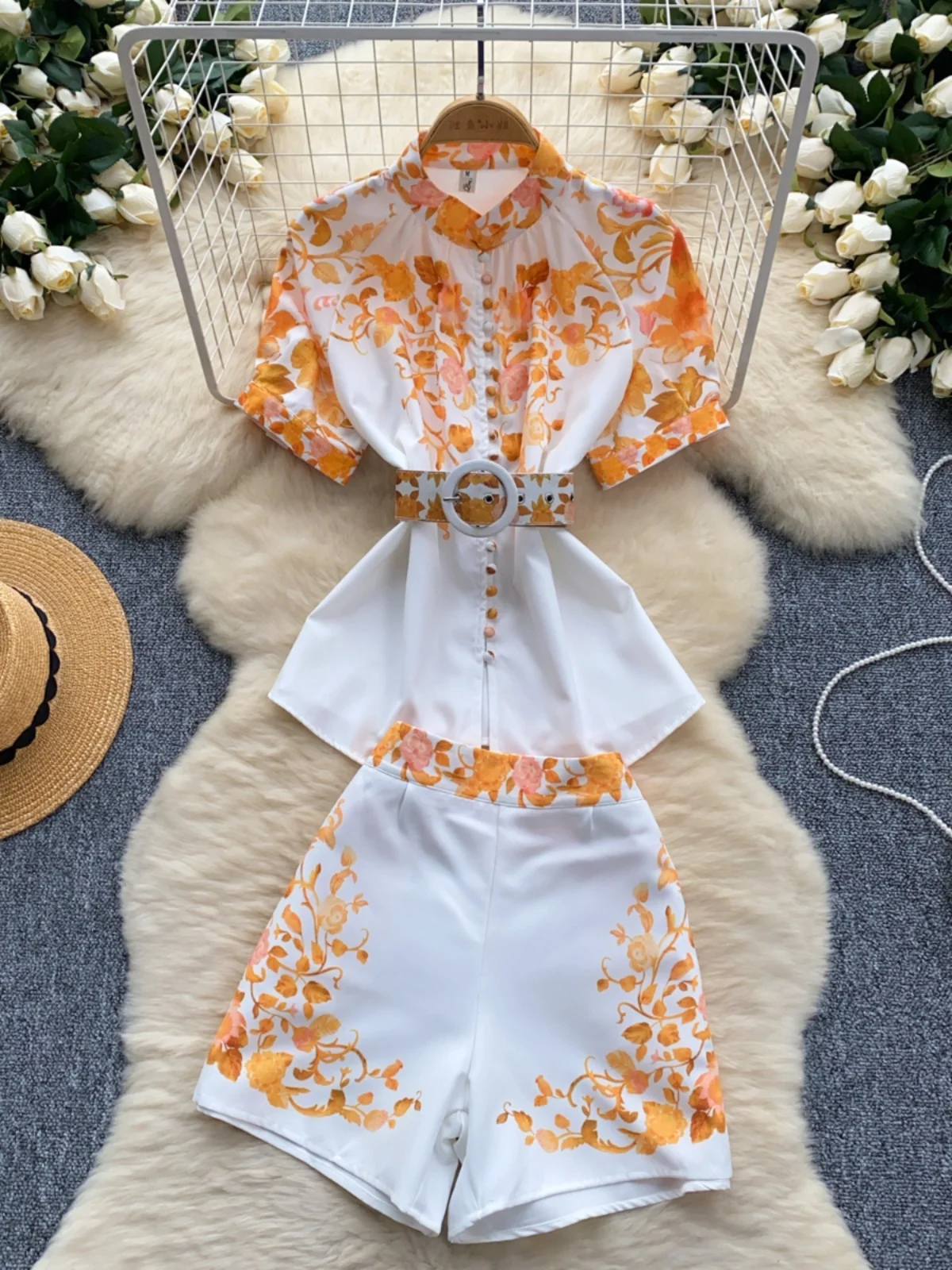 

Fashion Printed Summer Holiday Shorts Suit Stand Collar Short Sleeve Loose Shirts+High Waist Wide Leg Pant 2 Piece Set