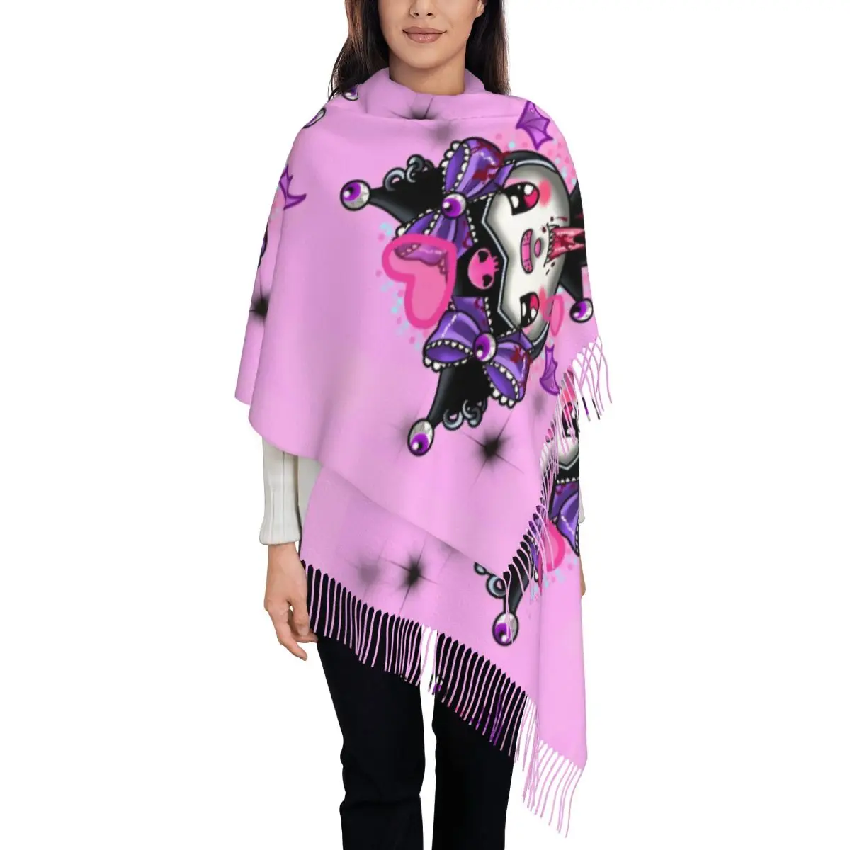 

Шарф с принтом Sanrio Kuromi в стиле аниме для женщин и мужчин, зимние теплые шарфы с рисунком черепа, милая шаль, накидка