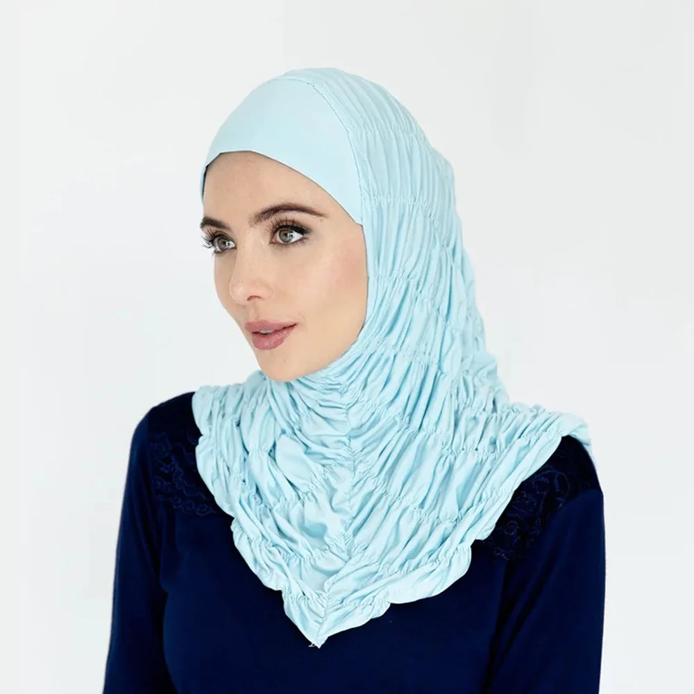 Muslim Pleated Hijab Women\'s Solid Headscarf Windproof Full Wrap Elegant Scarf Women\'s Comfortable Easy Muslim Pullover Hat