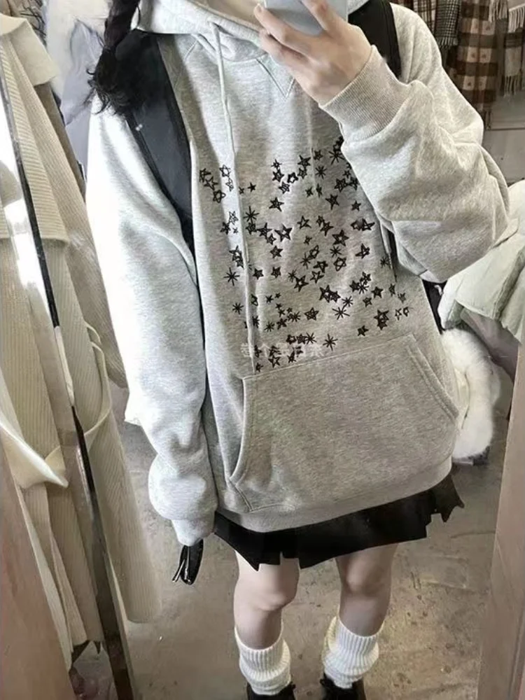 

ADAgirl Star Print Hooded Women Long Sleeve Oversized Streetwear Hip Hop Grey Sweatshirt Loose Casual Autumn Winter Clothes Chic