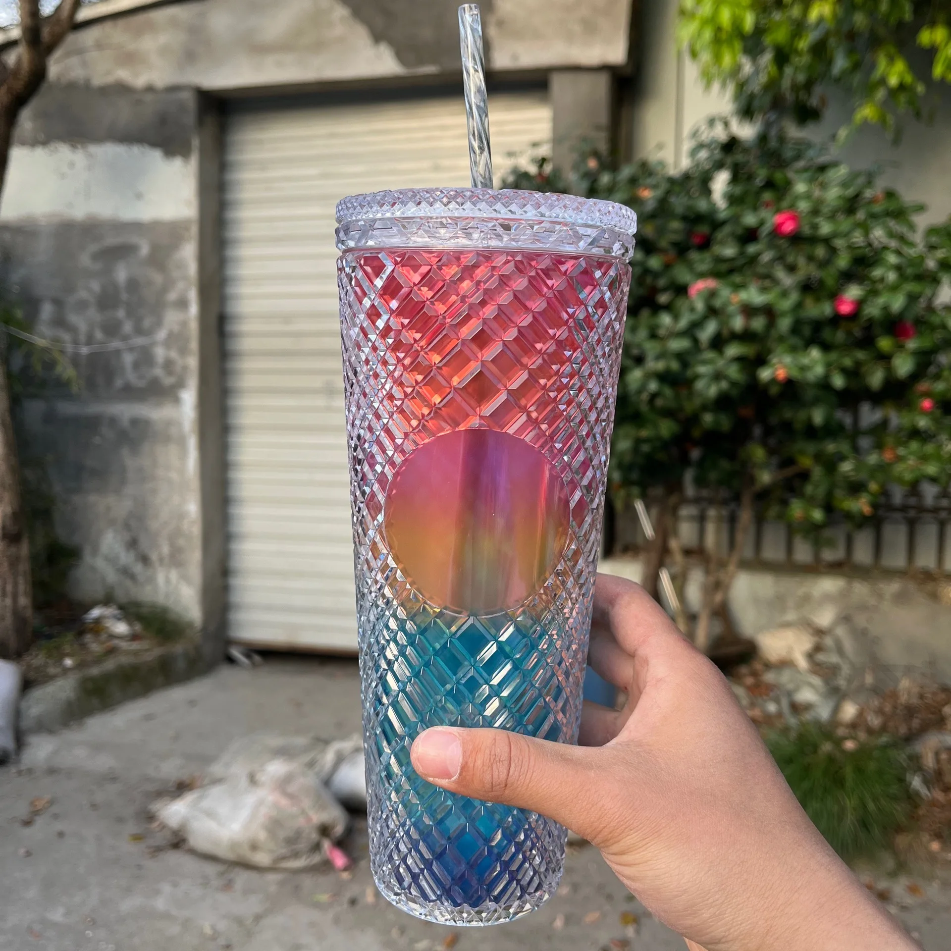 Diamond Radiant Straw Cup With Lid 701-800ml Summer Cold Water Cup Tumbler With Straw Double Layer Plastic Durian Coffee Mug