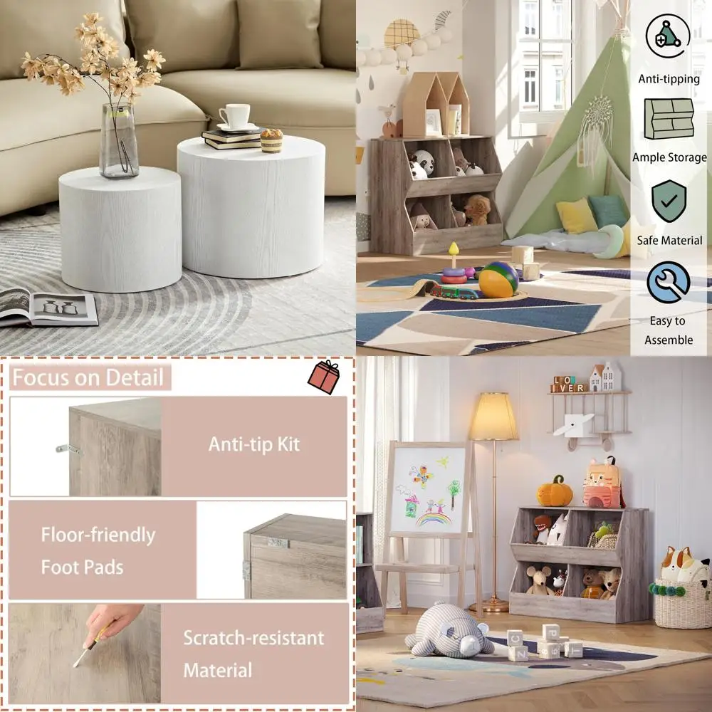 Modern Black Round Coffee Table Set of 2, White Nesting Tables for Small Spaces, Contemporary Accent Furniture