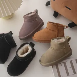 Botas curtas de couro geniune infantil, botas de neve de pelúcia quente, princesa chique, meninos e meninas, inverno, 2022, tamanhos 21-40