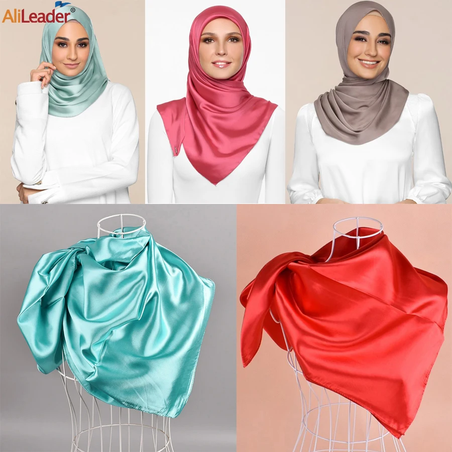 Barato 90cm grande lenço de cetim hijab cachecol para as mulheres seda cetim bandana lenço de cabelo lenço quadrado de seda