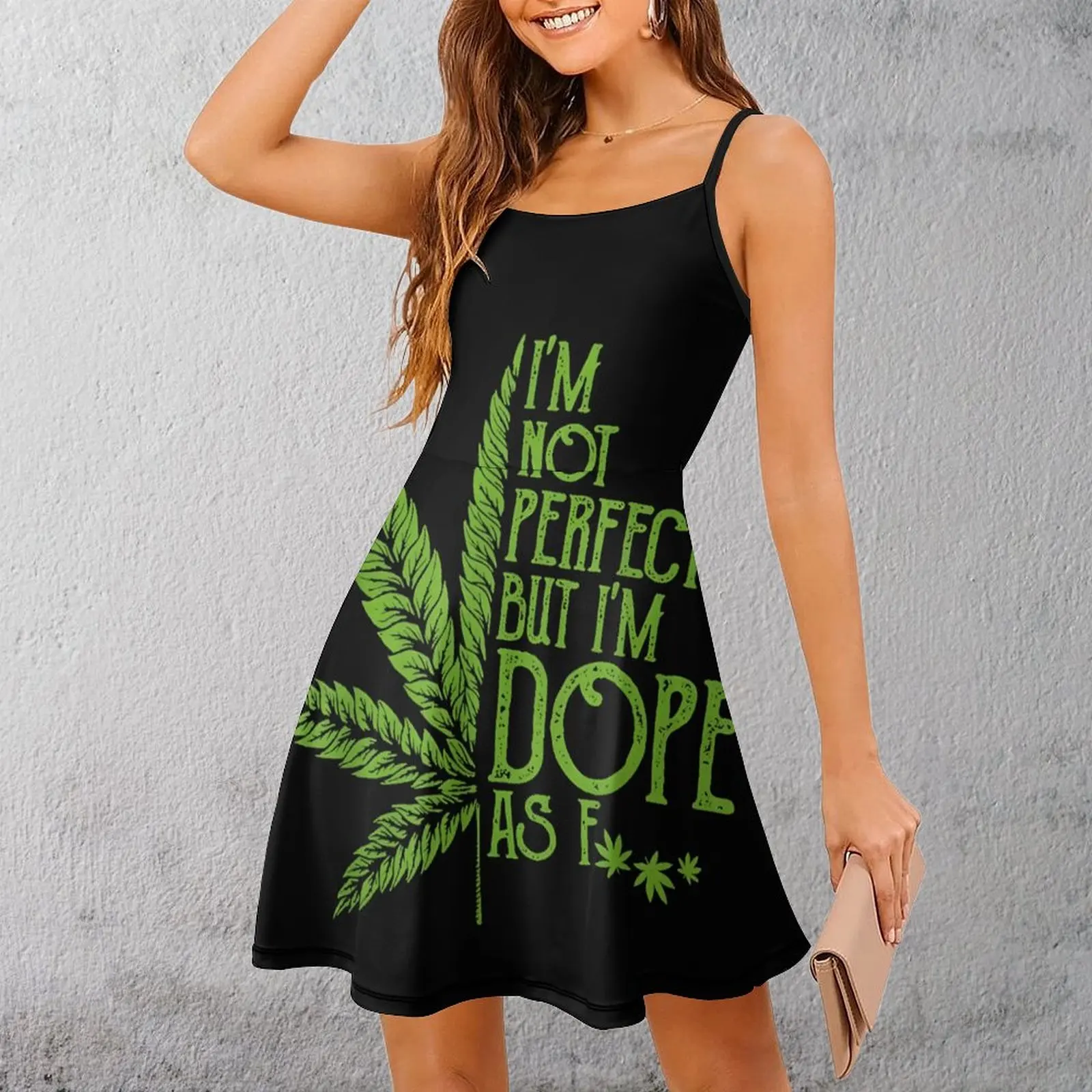 

Женское платье на бретельках с цитатой листьев конопли, уникальная сексуальная женская одежда, Клубное платье с юмором и графикой на бретелях