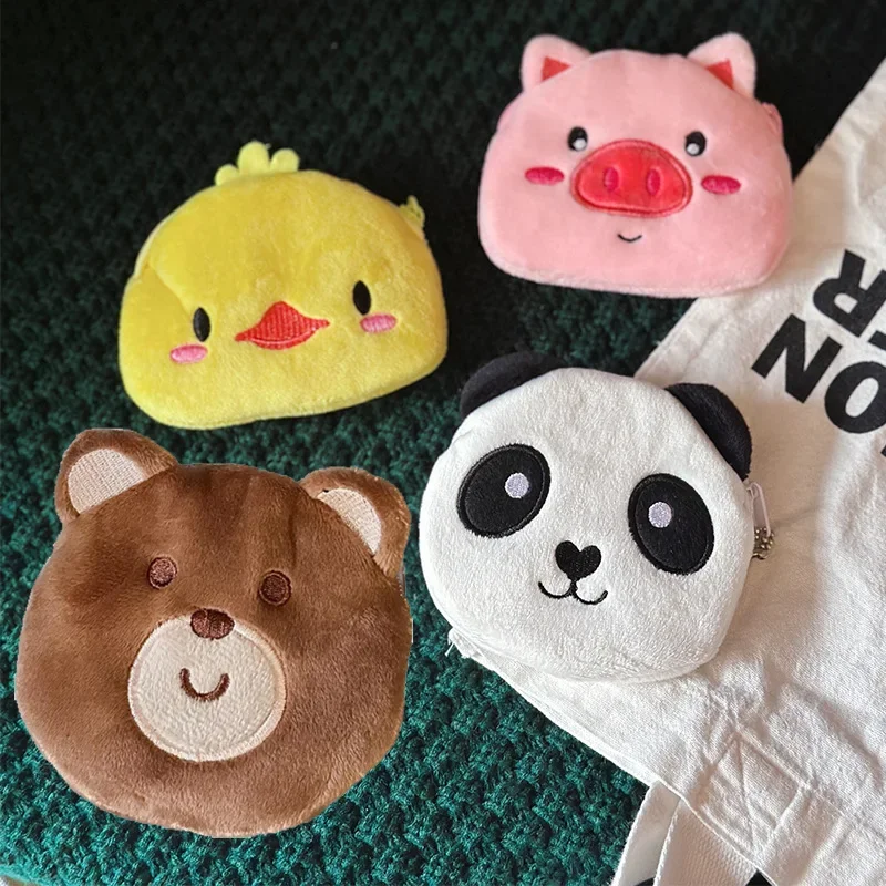 Cartoon Women Coin Purse Mini Cute Zipper Girls Coin Wallet Earphone Bag Key Wallets Pouch Soft Plush Panda Bear Pig Duck