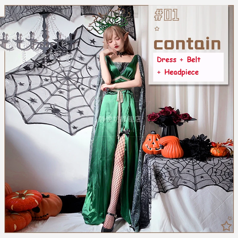 Halloween Adult Greek Mythology Medusa Cosplay Costume Medusa Sexy Green Dress Women Snake Art Horror Scary Masquerade Party Set