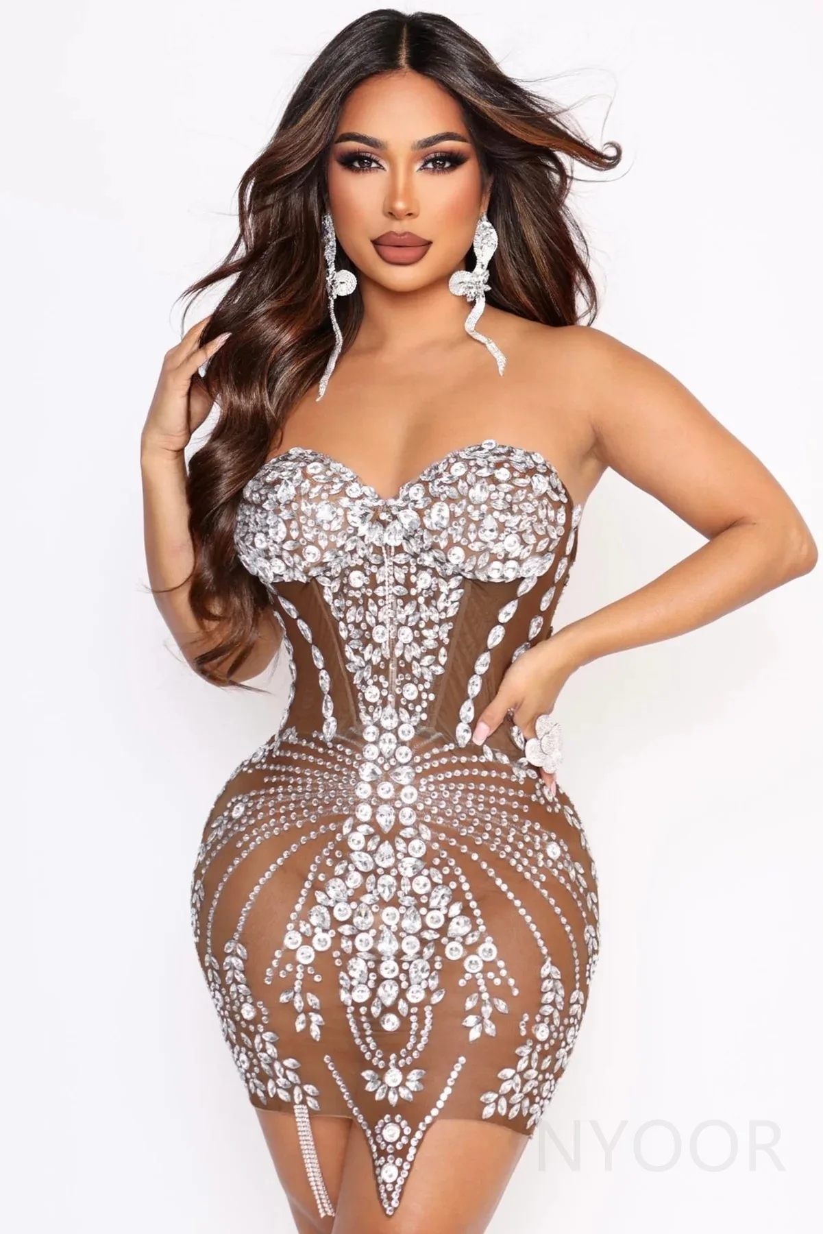 เซ็กซี่Backless Tubeด้านบนเอวRhinestoneประกายชุดกระโปรงสั้นสะโพกจัดเลี้ยงนักร้องรุ่นVestidos Para Grad