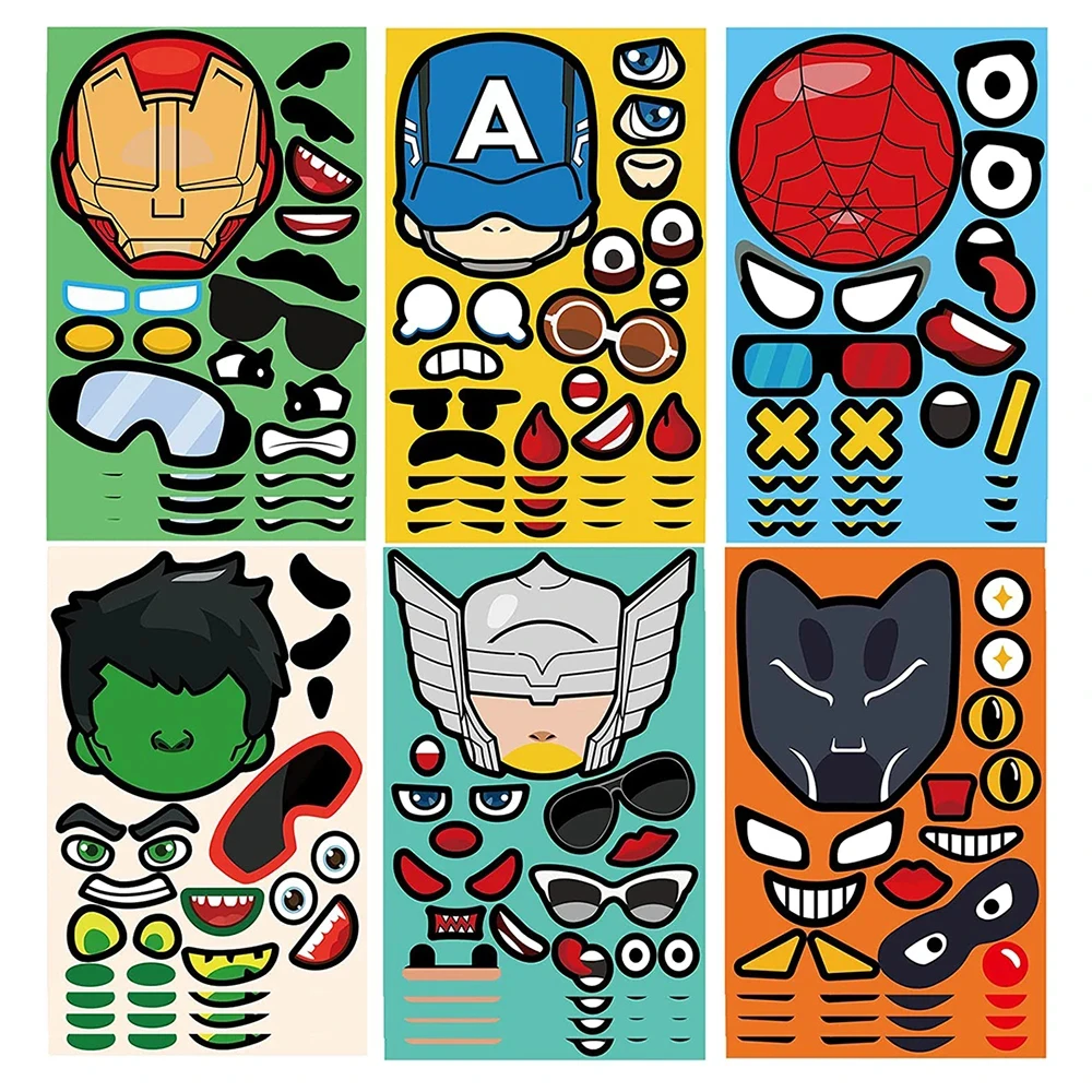 6/12Sheets Disney Marvel The Avengers Super Hero Puzzle Stickers Make A Face Assemble Jigsaw Kids Education Toy Sticker Games