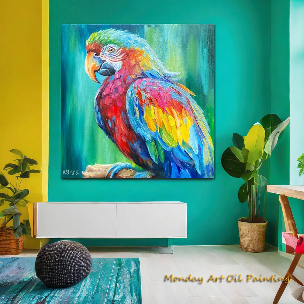 Hand Painted Parrot On Canvas Small Bird Oil Painting Original Wall Art Tropical Wall Decor Colorful Parrot Painting For Sale