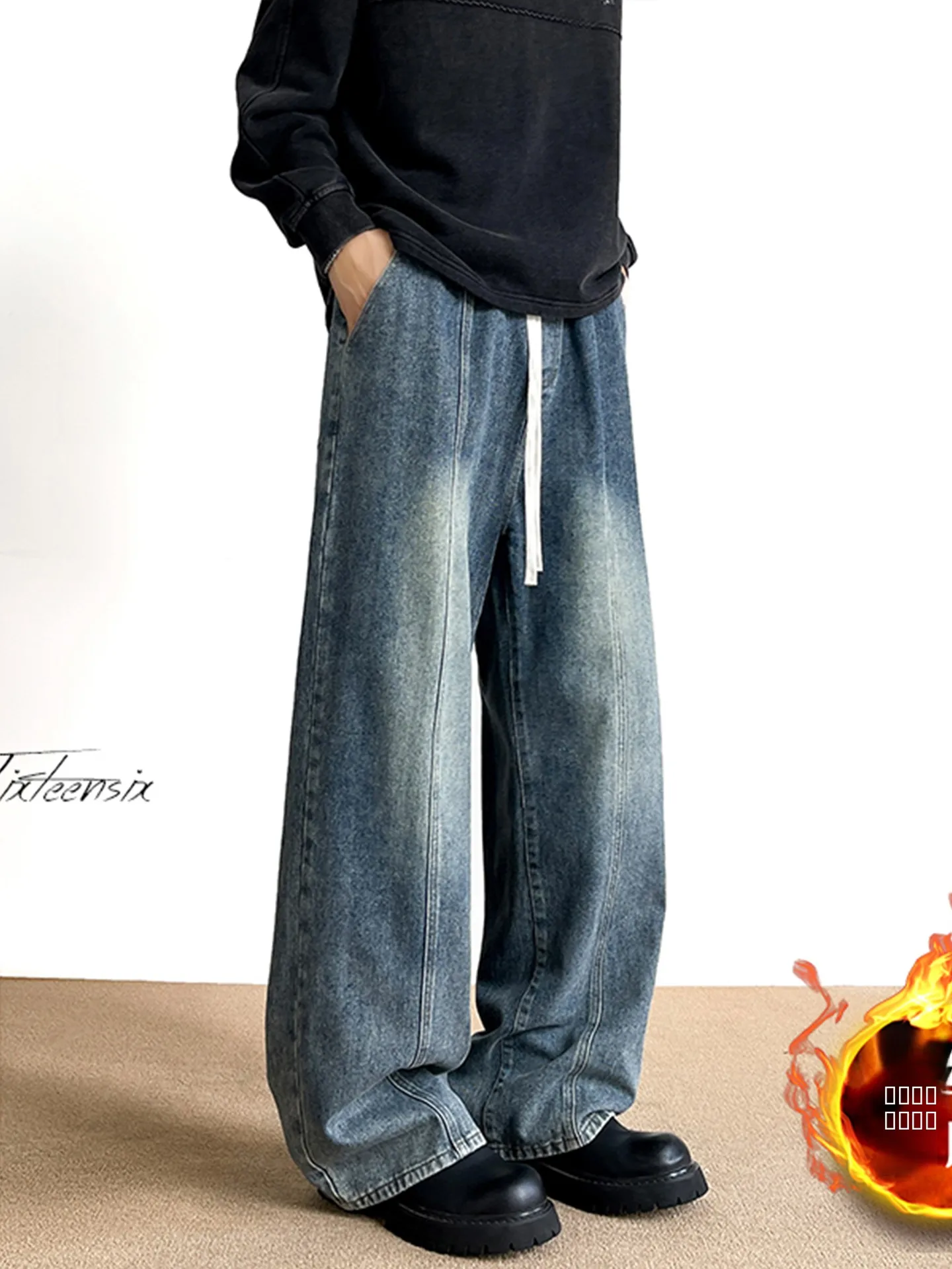 

Мужские зимние джинсы в стиле ретро: прямые, повседневные, с подкладкой, модные, с широкими штанинами и элементами пэчворка