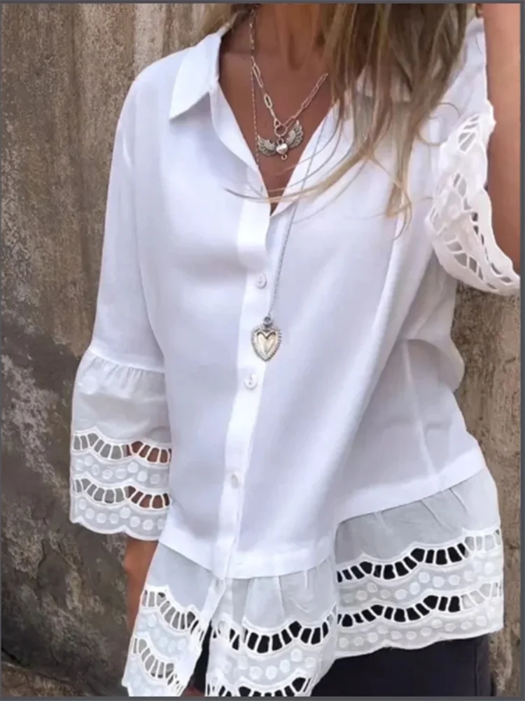 White Blouse Lapel Solid Color Long Sleeved Lace Button Ruffle Women's T-shirt Daily High Street Fashion Autumn Elegant Top