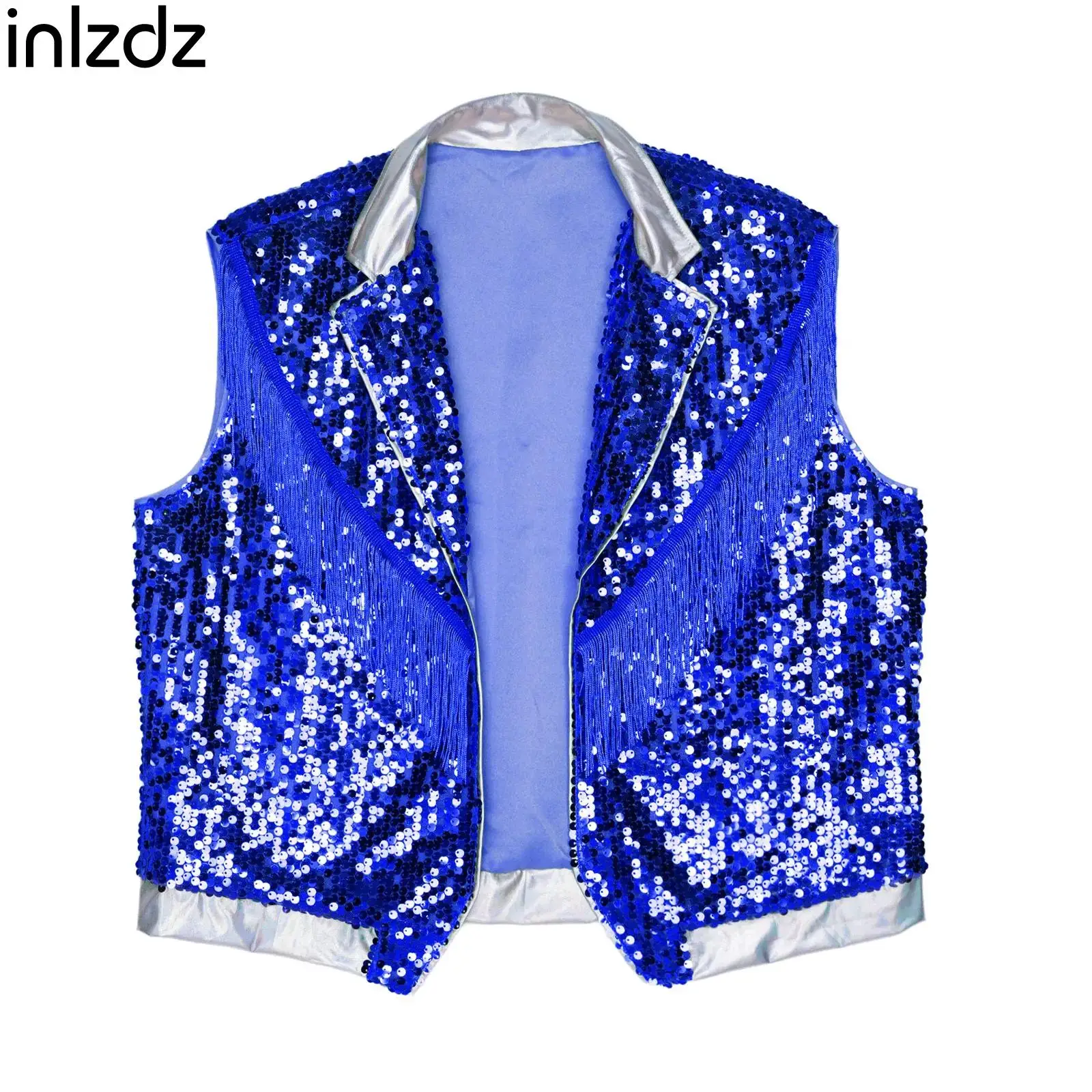 Allover Sequin Hip Hop Vest for Men Sleeveless Lapel Open Front Tassel Metallic Shiny Tank Top for Nightclub Jazz Disco Stage