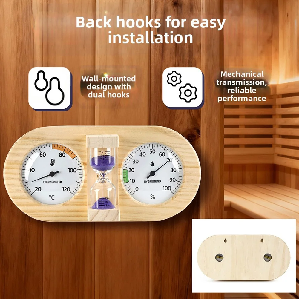 Sauna Experience 3-in-1 Hygrometer Timer Easy To Read Hygrometer Display Indoor Climate Control 15-Minute Sand Timer