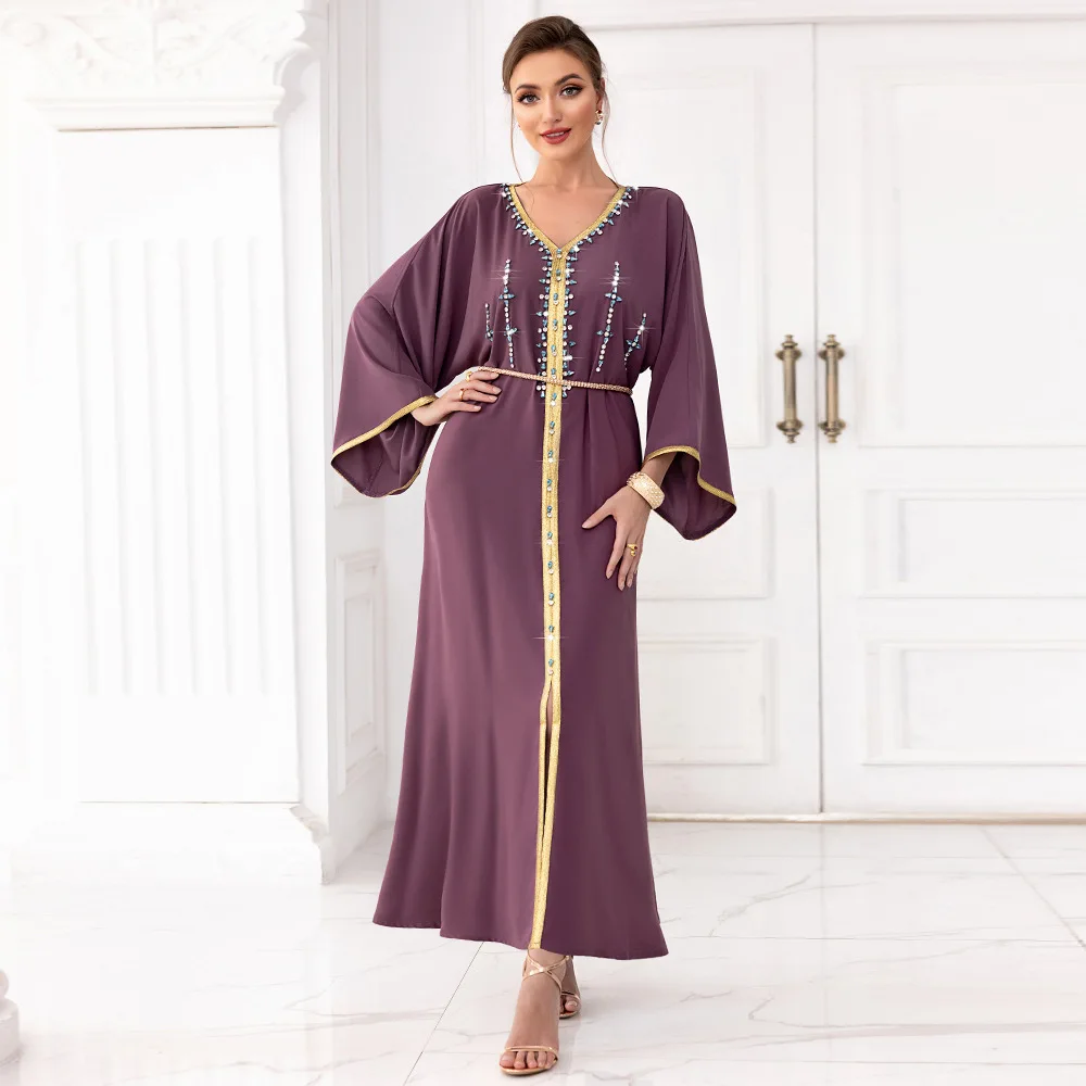 

Muslim Abaya Hand Seam Drill Dubai Ramadan Long Sleeve Casual Loose Robe Moroccan Caftan Dresses for Women Holiday Party Dress