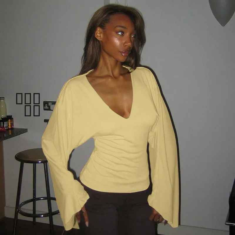 Long Sve V-ne Flared T-irt Women's Pure Color High Waist Five-quarter Pants Polyester Spring 2025 Faion Ladies' Wear