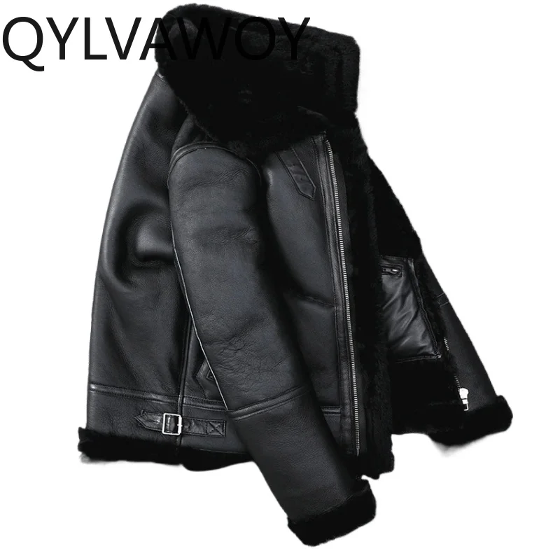 QYLVAWOY Vintage Classic 100% Genuine Leather Jacket Men Real Lamb Fur Integrated Coat Warm 2026 Winter Outerwear Lapel Collar