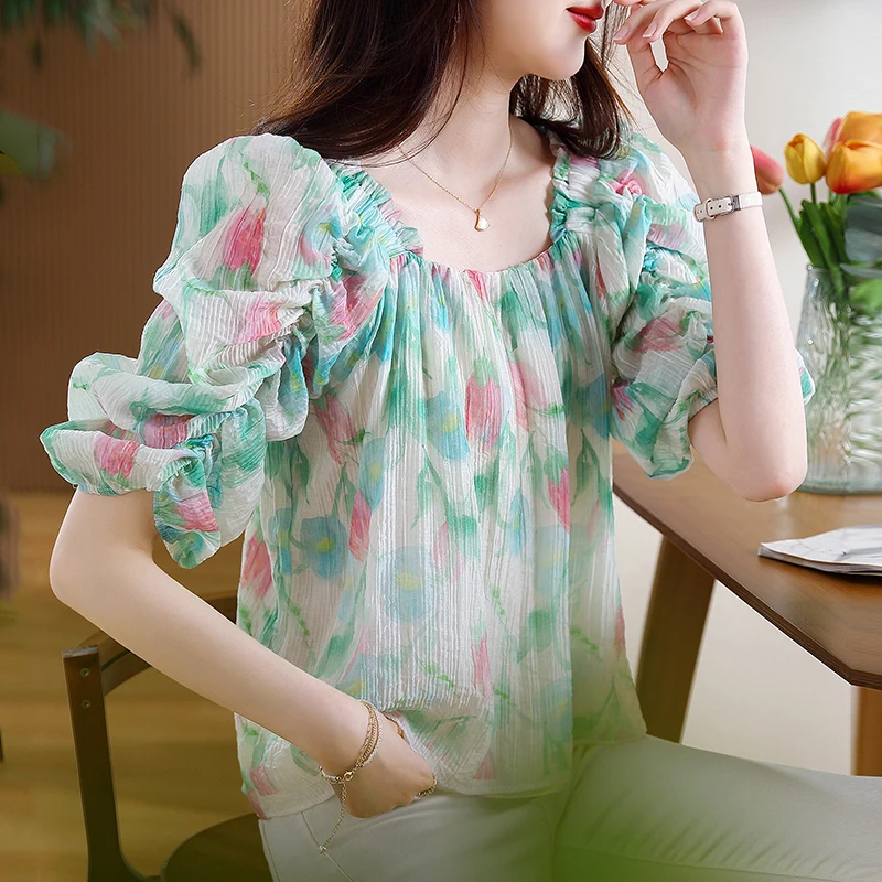 2024 Summer New Product Square Collar Fragmented Chiffon Sweetheart Girl Loose Doll Shirt Bubble Sleeves Short Sleeved Girl\'s To