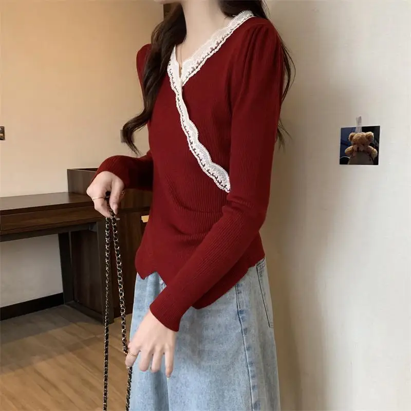 Lace Spliced Slim Pullovers Fashion Irregular Spring Autumn V-Neck Women's Clothing Long Sleeve Casual Basic Solid Color T-shirt