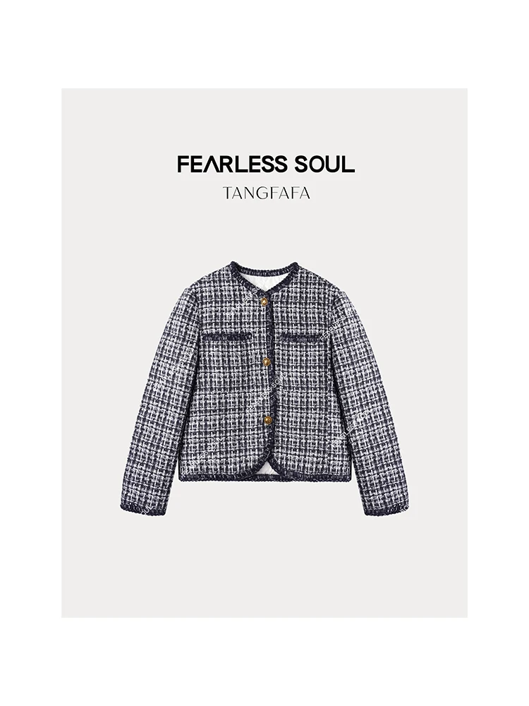 

Tfa824FN4 Tweed Plaid Quilted Jaet Small Fraance Sle Women's Casual Faion Cotton Polyester Long Sve Coat