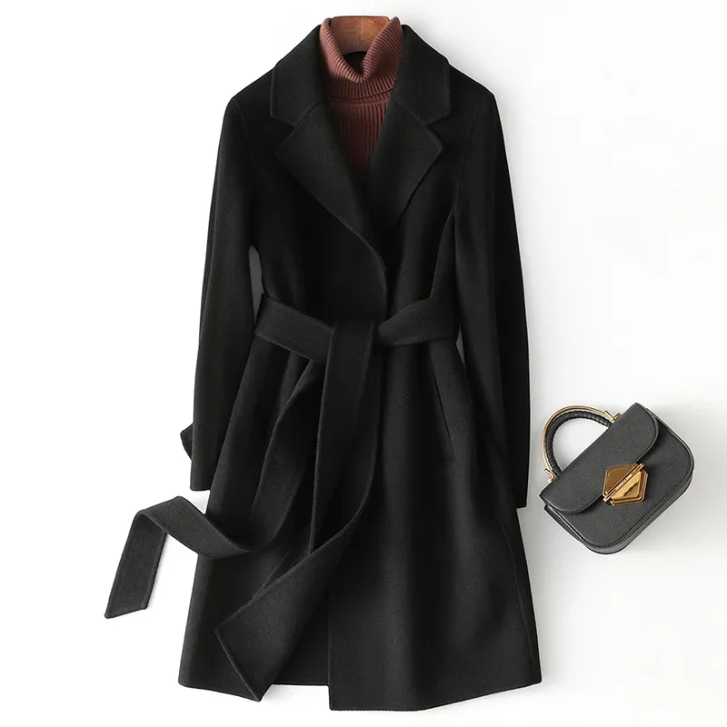 Wholesale Double Sided Cashmere Coat Women's 2022 Winter New Knee Tie Thickened Woolen Cloth Coat