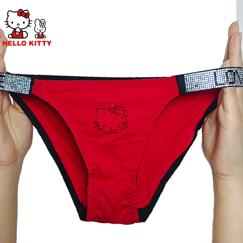 Sexy Hello Kitty Cartoon Large Diamond Rhinestone Underwear Fitness Sports Hip Lifting Low Waist High Fork Fashion Women Briefs