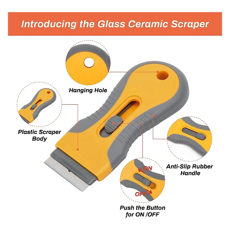1Set Ceramic Hob Scraper For Glass Hobs Non Scratch 20 Easy Scraper Blades Plastic Super Oven Scraper Tool Orange&Gray