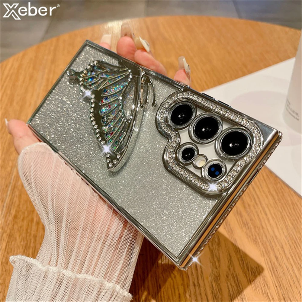 Bling Glitter Diamond Butterfly Quicksand Phone Case For Samsung S24 Ultra S22 S23 Plus A73 A55 A53 A25 A24 A23 5G Plating Cover