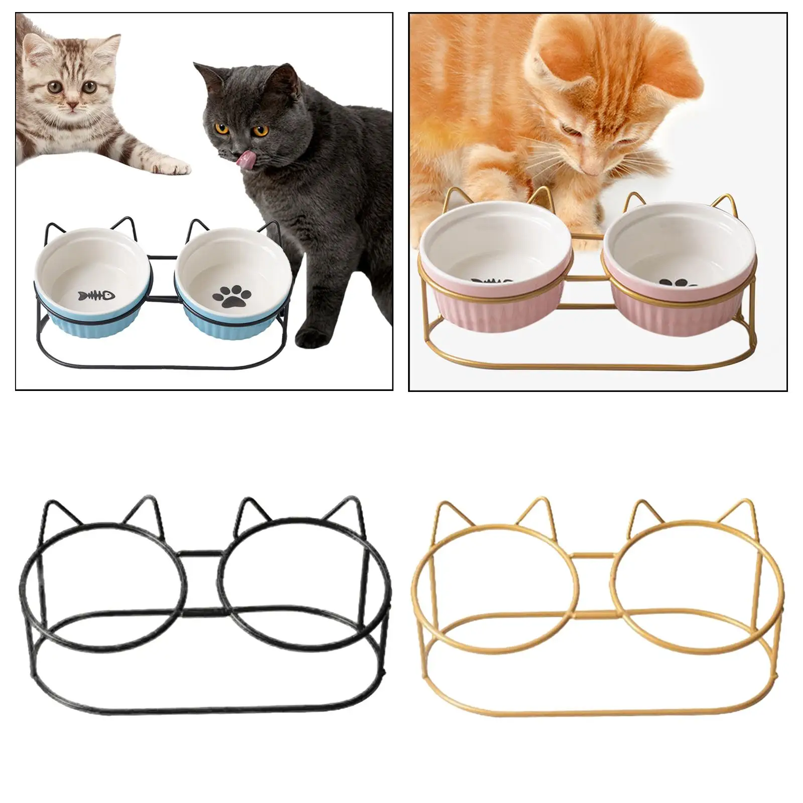 Cute Cat Bowls Raised Stand Neck Guard Stand with Metal Raised Stand Retro Double Cat Bowls for Pet Ceramic Bowl Cat Dishes