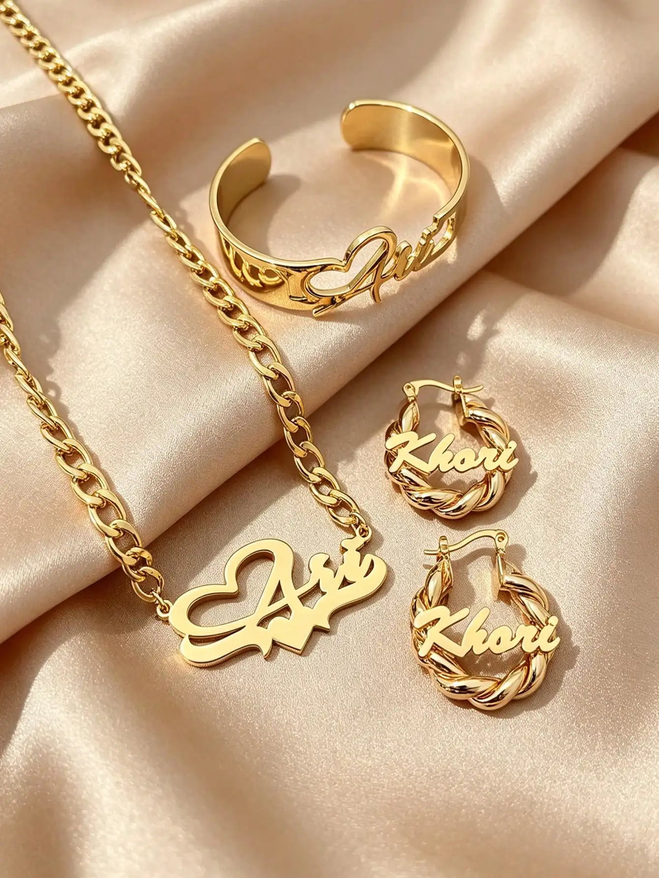Personalized custom necklace, earrings, and bracelet set, with 3cm earrings, personalized custom name, stainless steel jewelry,