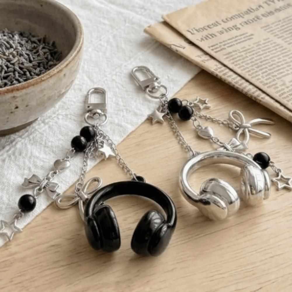 Legierung 3D Kopfhörer-Form Schlüsselanhänger Schwarz Silber Schleife Stern Perlen Taschenanhänger Multifunktionale Hängende Dekorative Anhänger Bestes Geschenk – Detail 9