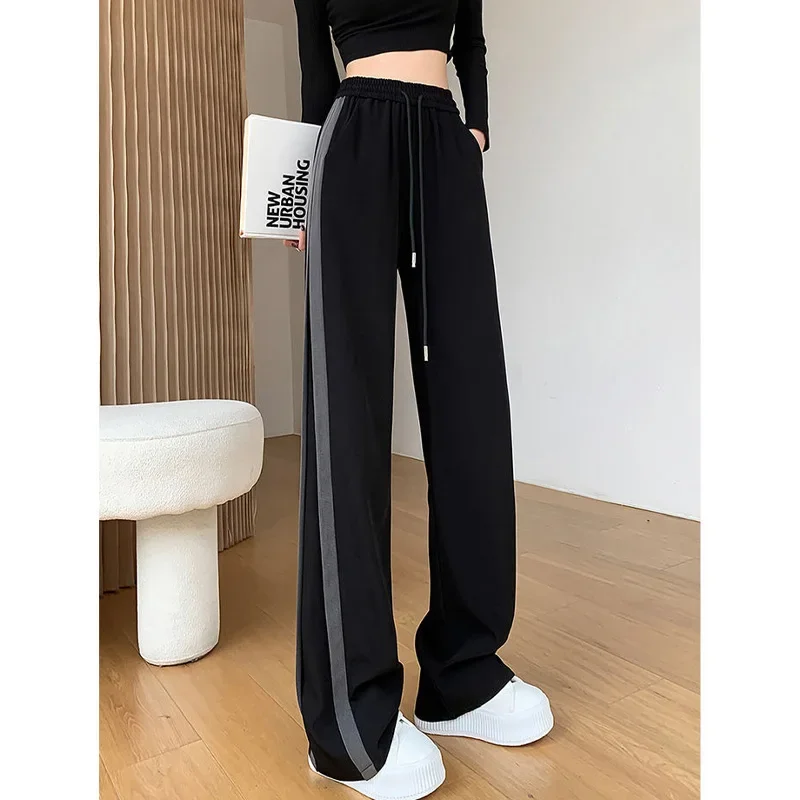 

2024 Spring and Summer Korean Edition Fashion Youth Vitality High Waist Slimming Stripe Casual Sports Oversized Wide Leg Pants