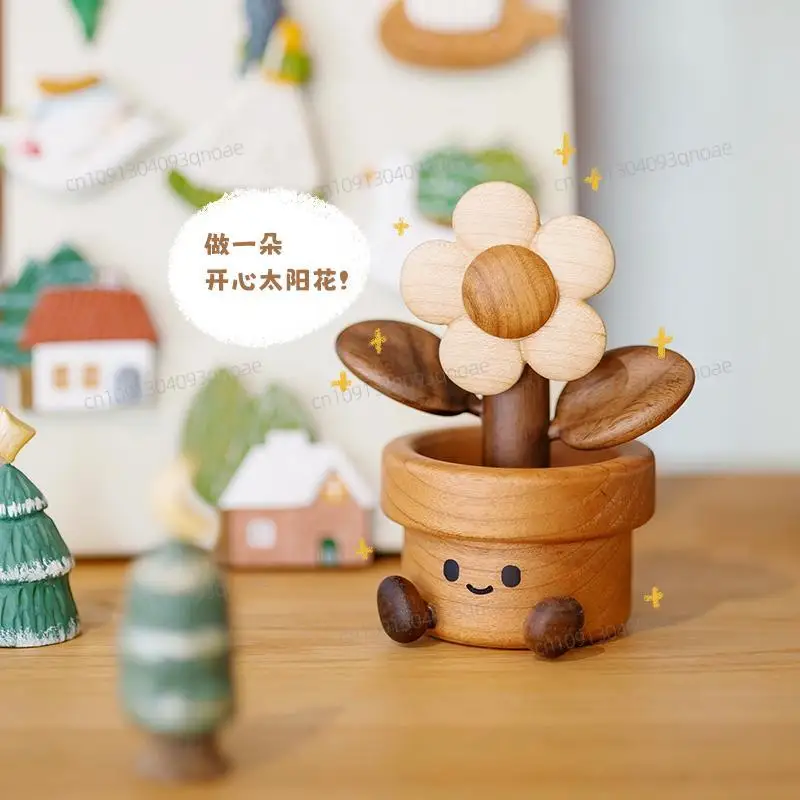 

Happy sunflower/fun solid wood cute ornament office desktop decoration home creative jewelry children's gift