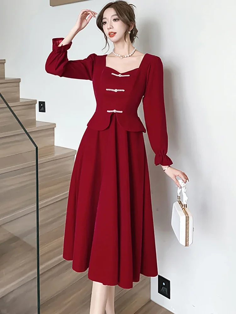 Red Patchwork Elegant Luxury Wedding Dress for Ladies Autumn Winter Long Sleeve Bodycon Prom Dress 2024 Korean Vintage Vestidos