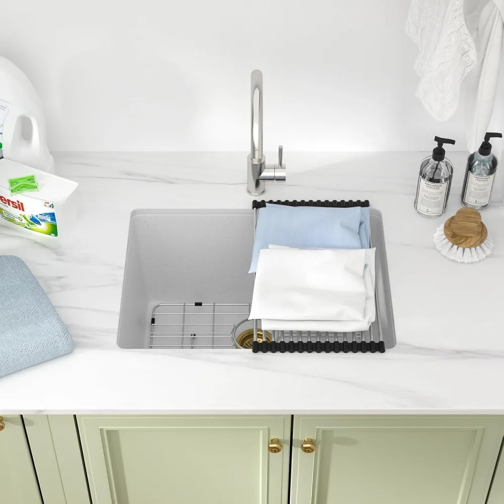 Pia de lavanderia de 24 polegadas sob montagem – Pia utilitária branca composta de granito de quartzo 24 x 18 x 12 polegadas Bacia de granito de 12 polegadas, durável S